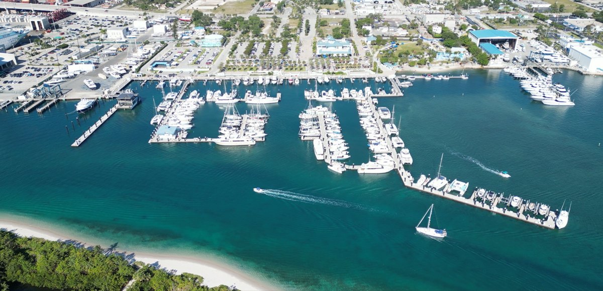 Aerial view of Riviera Beach Marina Village on Lake Worth Lagoon